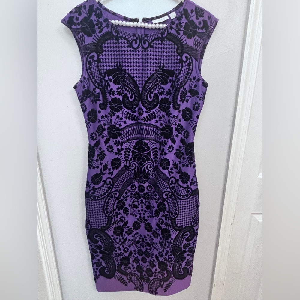 New York & Company Purple and Black Ebony Patterned Dress Size: Small